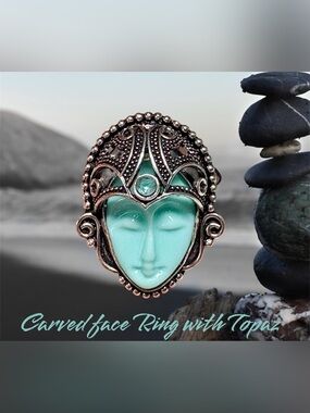 Carved GODDESS Face Statement Ring with genuine Topaz gem/925